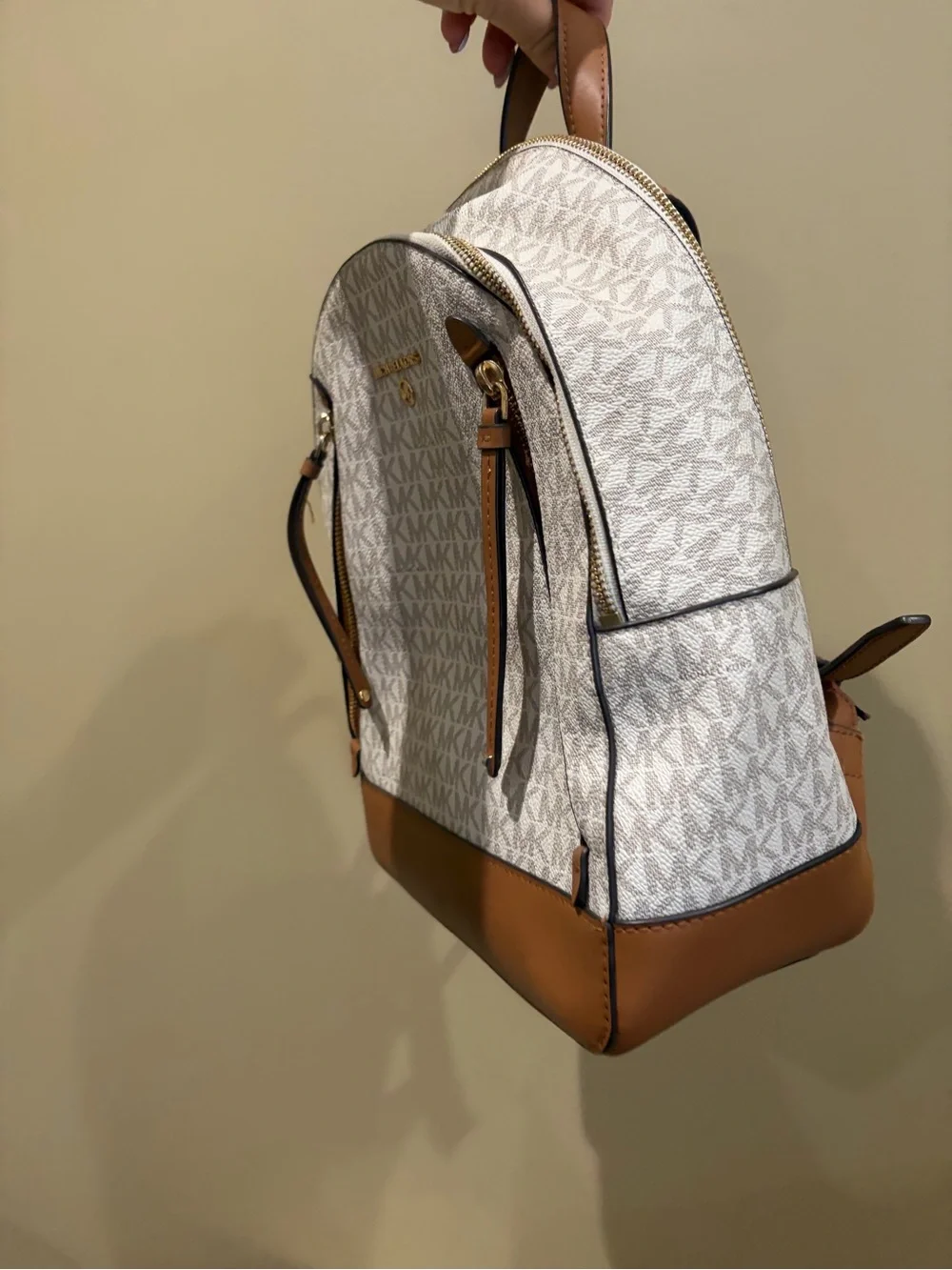 Michael Kors White & Brown MK Logo Backpack